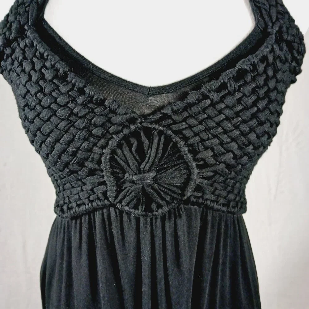 Soma, Black Maxi Halter Dress, Crochet Bodice, Smocked Back, Super Soft, XS Boho